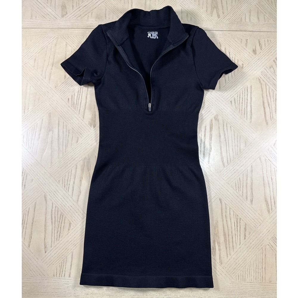OQQ Black Ribbed Short Sleeve Zip Up Mock Neck Bodycon Mini Dress Compression S - Picture 10 of 12